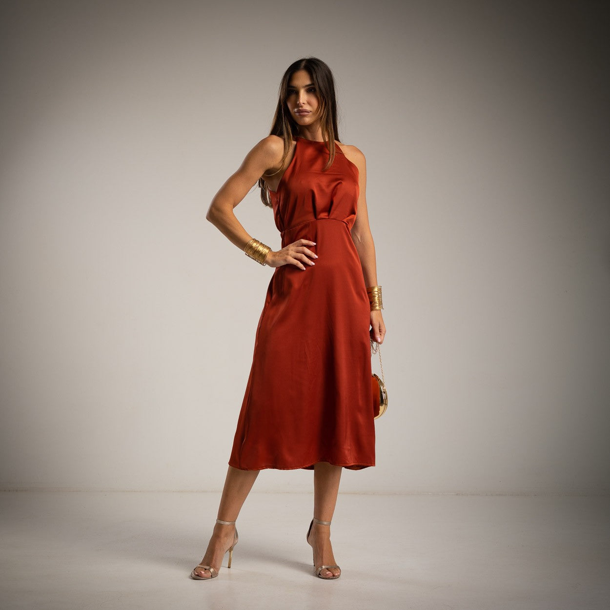 Set 2 Piezas: Vestido + Capa Satinada Teja