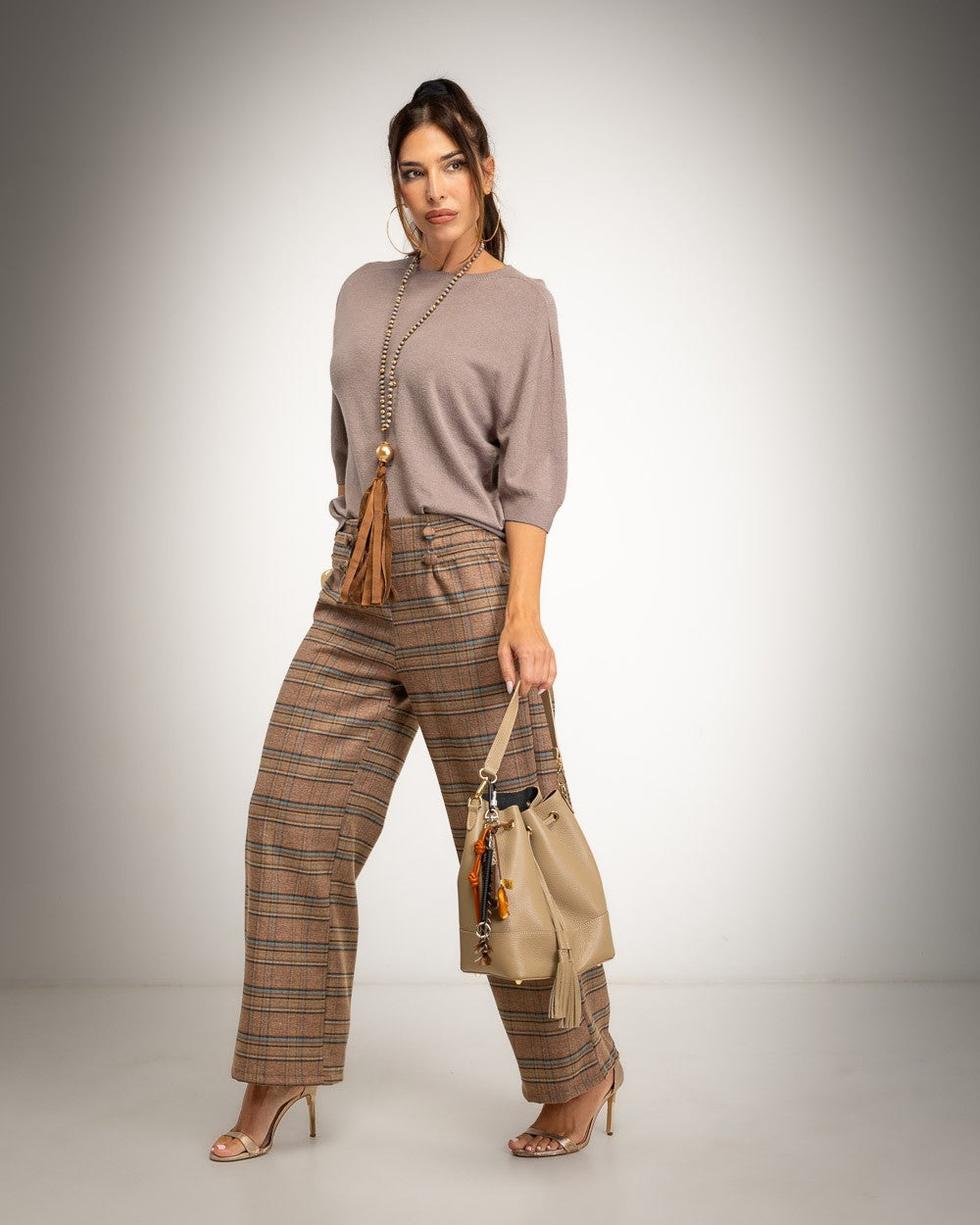 Weite Karohose in Taupe – Produktansicht – Albanos 5228-18